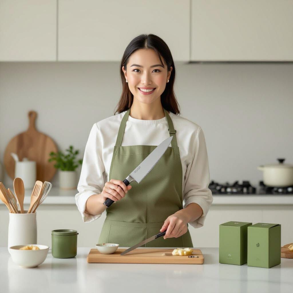 Elegant Kitchenware Packaging Design with Olive Green Accent...