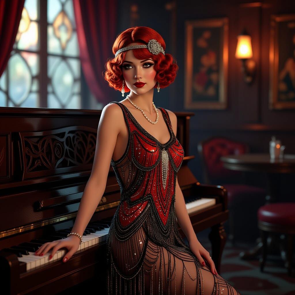 Flapper Girl in Speakeasy, Art Nouveau Style