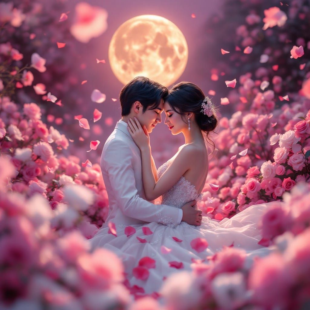 Ethereal Asian Lesbian Wedding Scene in Vibrant Violet Bloom