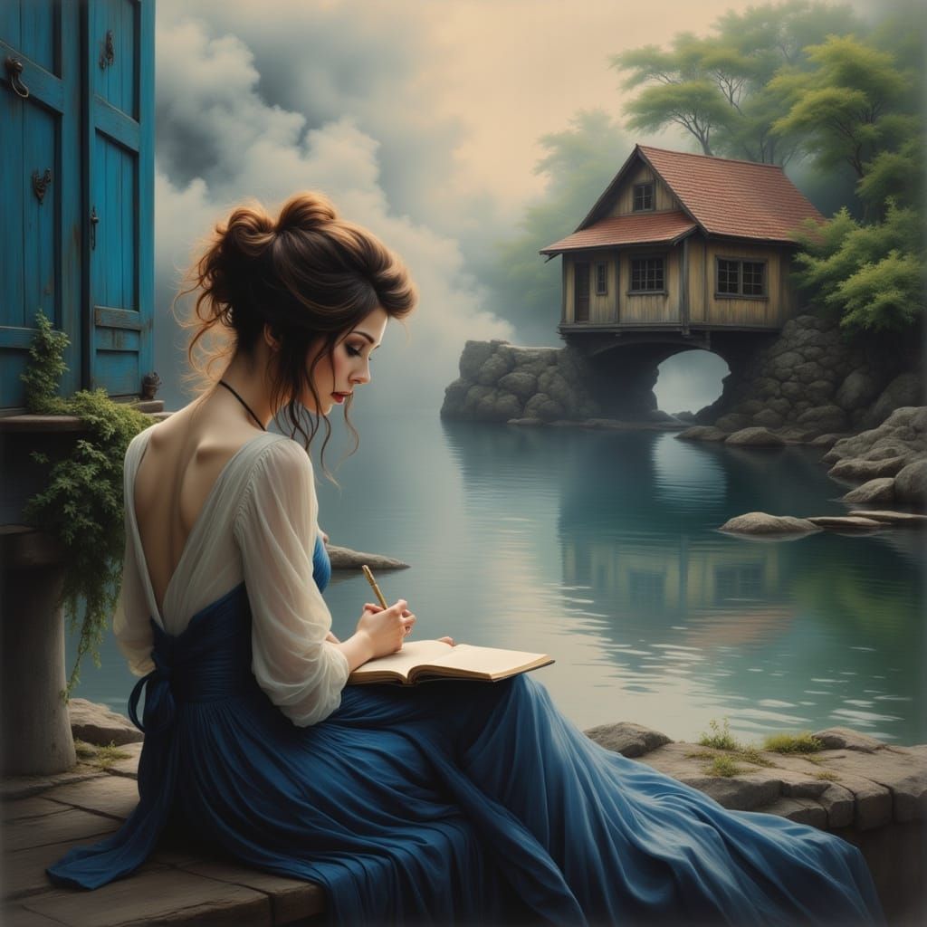 Woman Writing Letter by River in Smoky Hues
