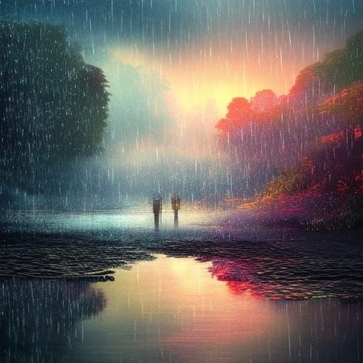 Rainy Sunset Fairy Waterfall in Digital Watercolor