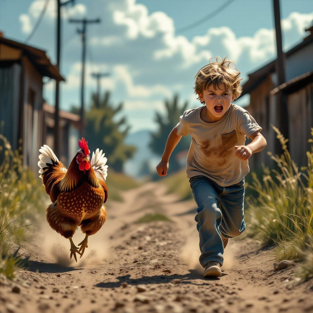 Boy Runs from Angry Chicken: Hyperrealistic Scene