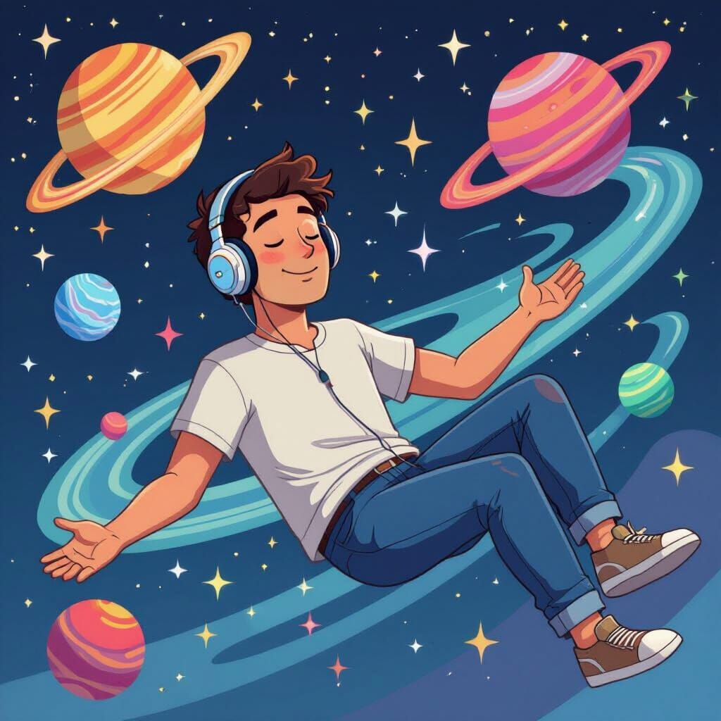Man Floating in Space with Headphones in Cartoon Style