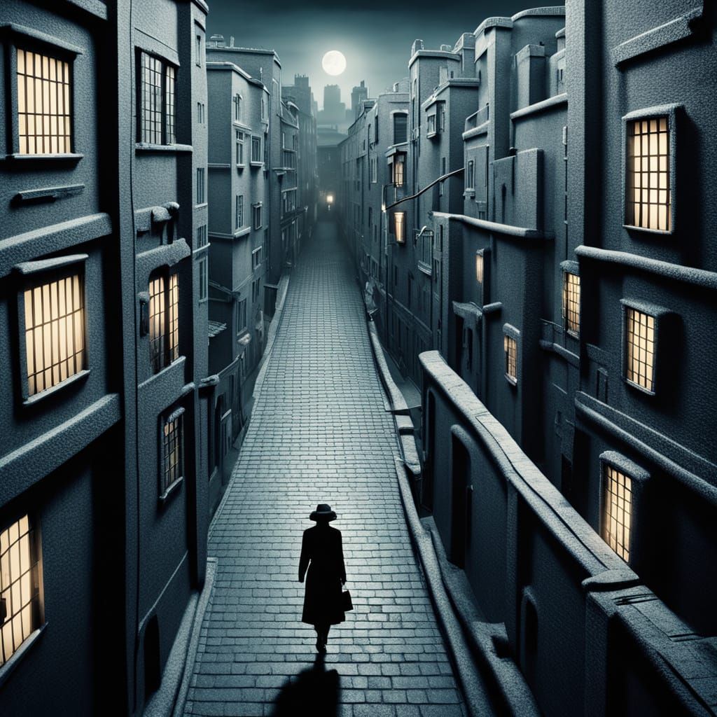 Mysterious Woman Walks Alone Under Midnight Shadows