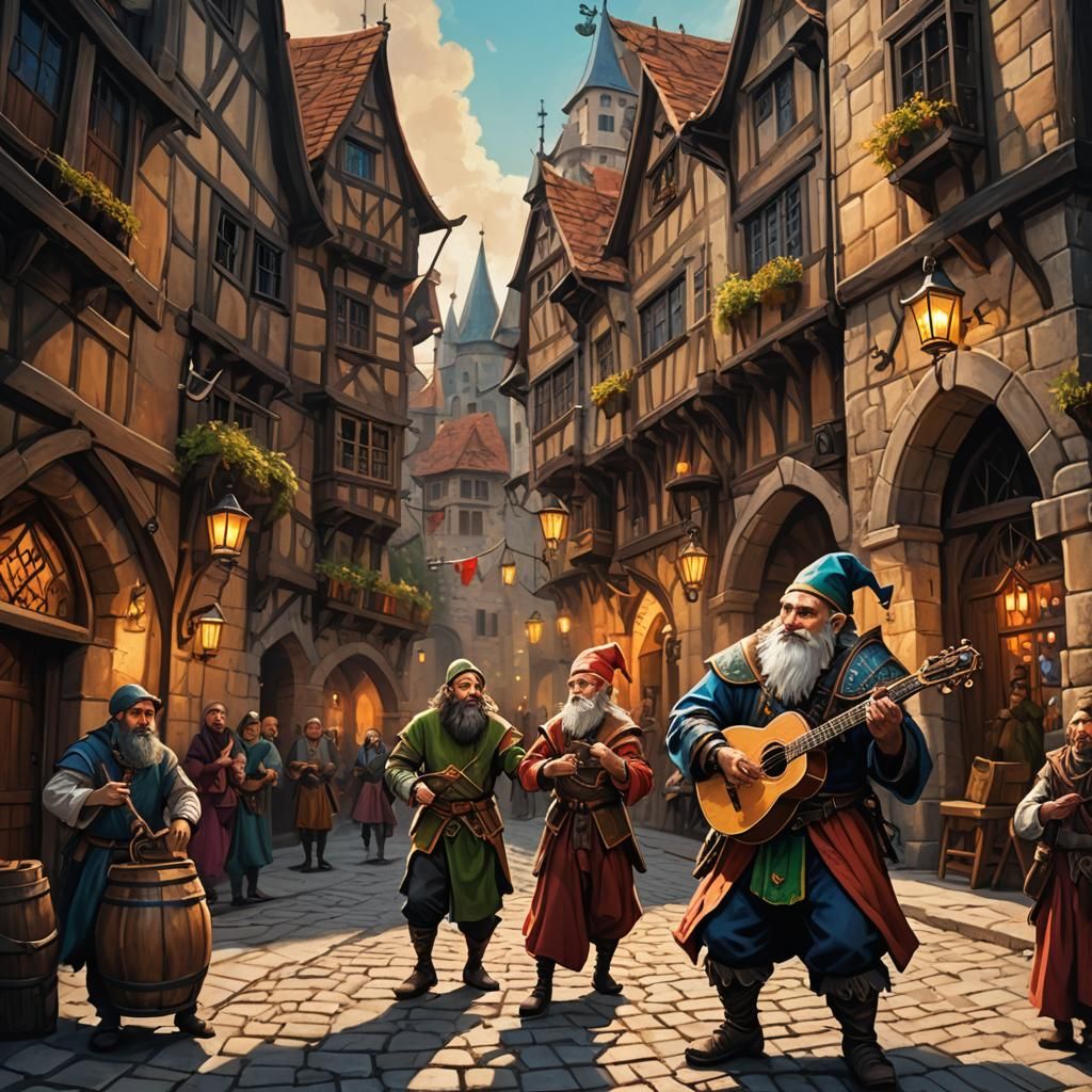 Dwarf Jester Pickpocketing in Medieval City, Matte Painting