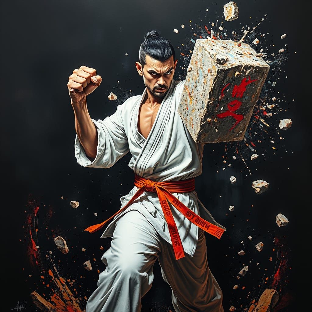 Fierce Martial Artist Breaks Stone Block in Graffiti Art