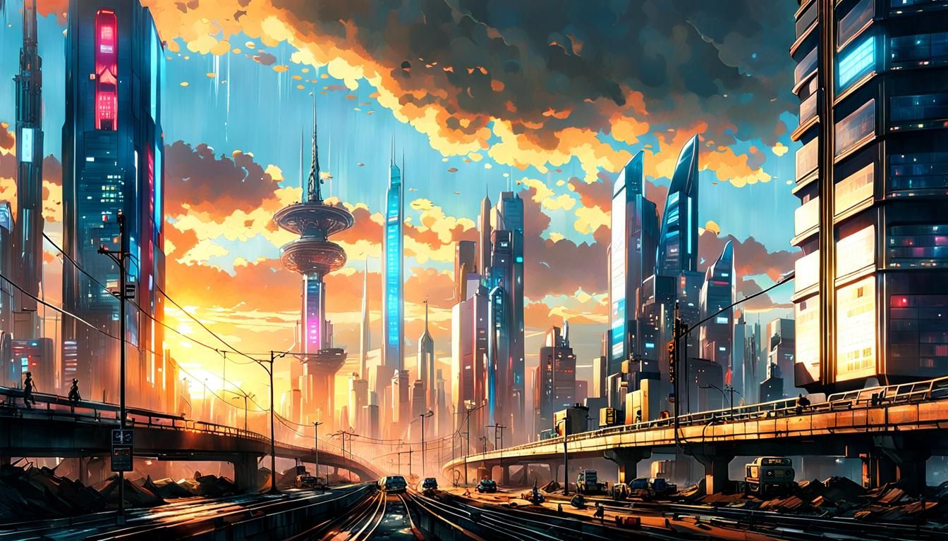 Cyberpunk Metropolis Sunrise in Anime Style