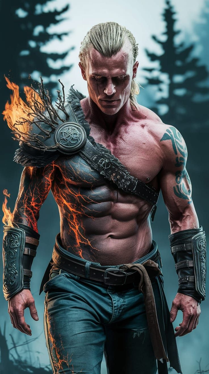A Muscular Norwegian Warrior with Smoldering Skin and Celtic...