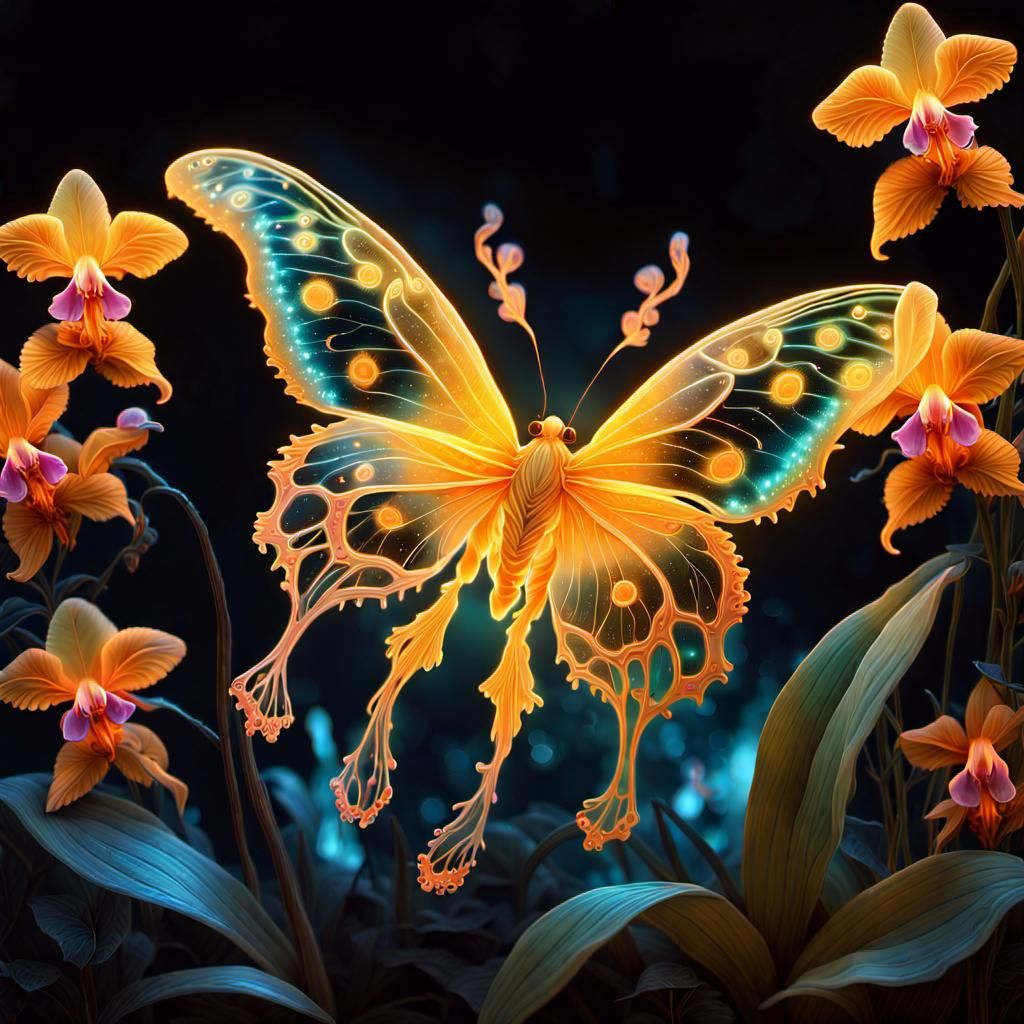 Bioluminescent Butterfly Golden Retriever in Fantasy Art