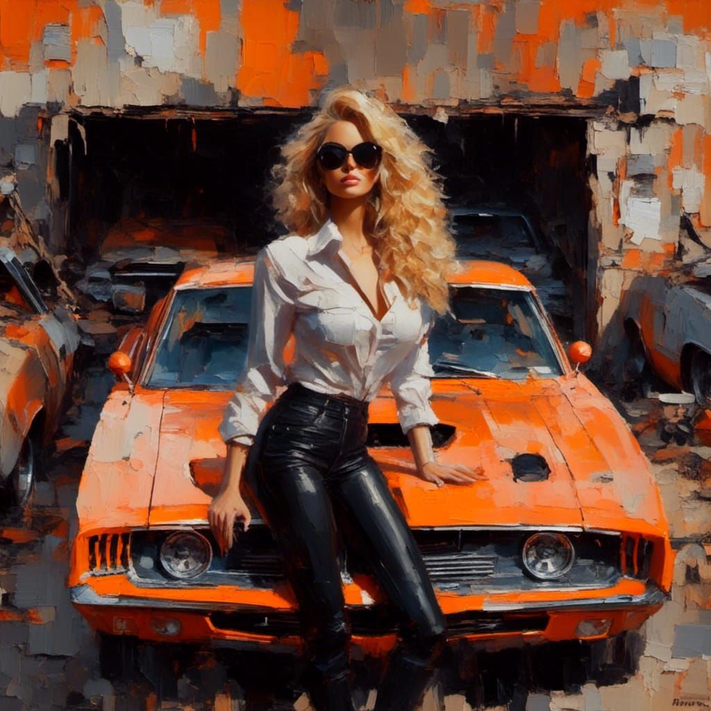 Garage Scene with 'General Lee' Car, Oil Painting