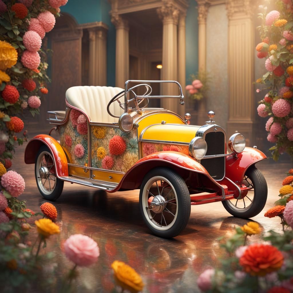 Floral Antique Pedal Car in Hyperrealistic Style