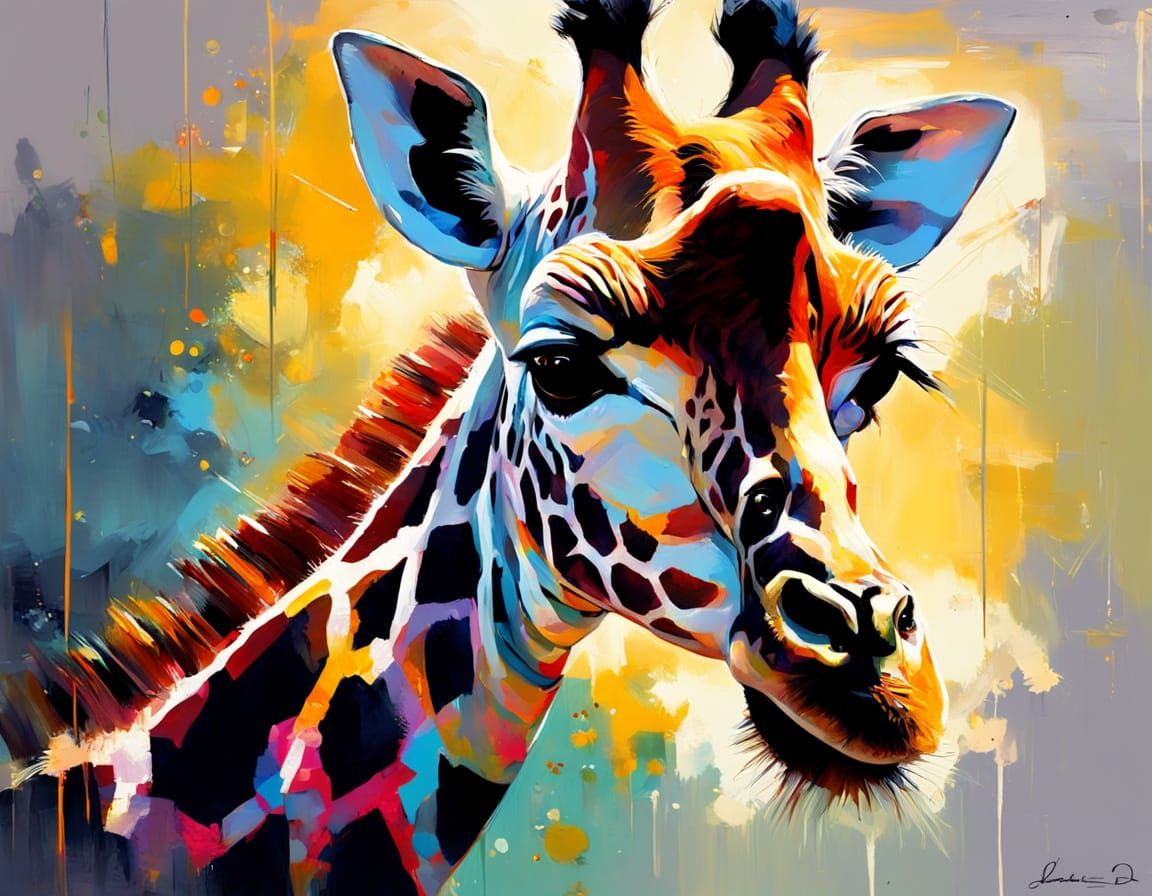 African Landscape with Glowing Baby Giraffe in Vibrant Oil P...