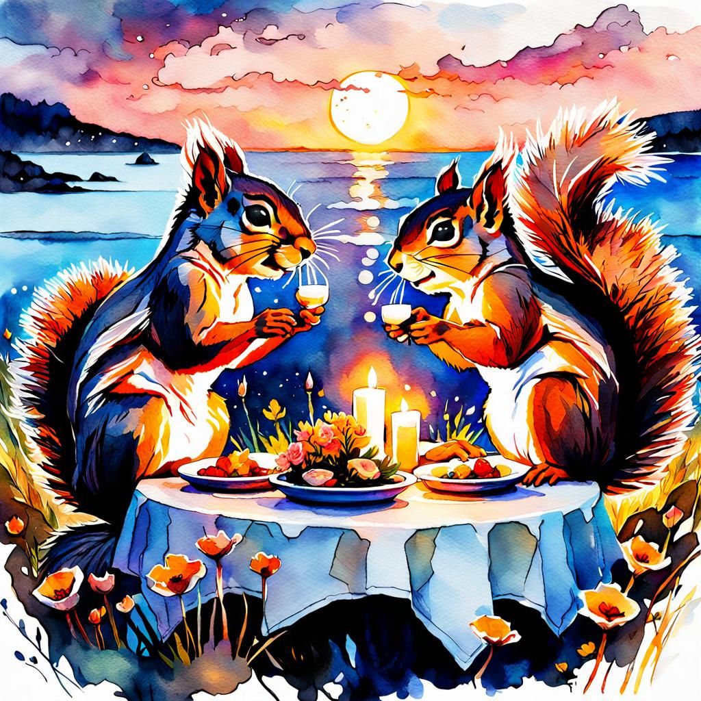 Squirrels' Romantic Candlelit Dinner in Watercolor Style