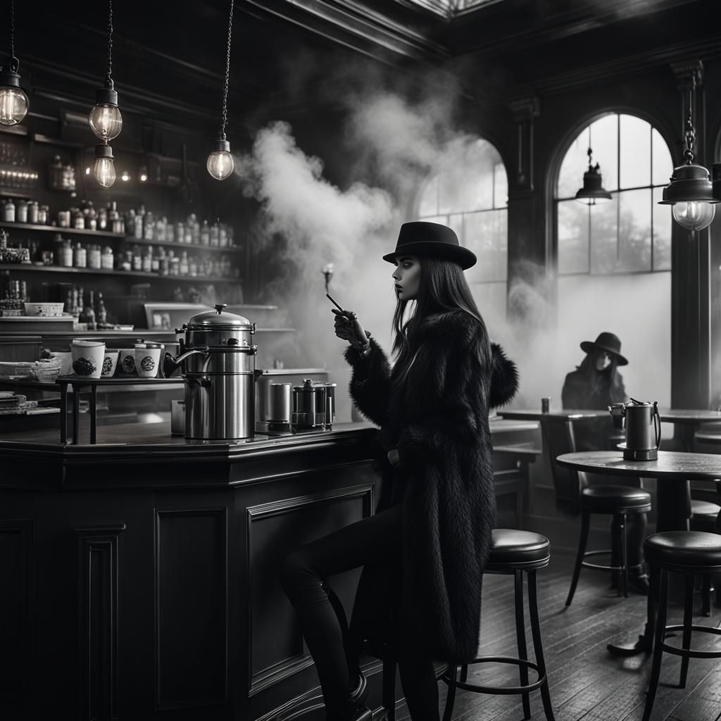 Goth Model in Coffee Shop: Grainy Black and White