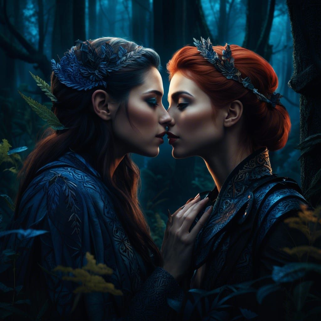 Two Women Kissing in Gloomy Forest, Hyperrealistic 8K
