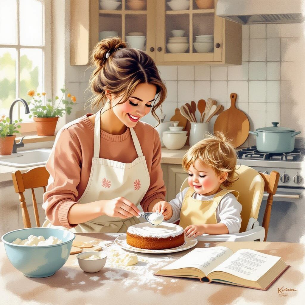 Cozy Kitchen Scene: Mother and Child Baking a Cake