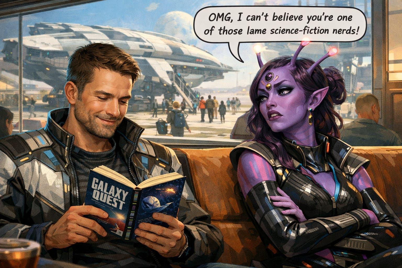 Alien Disgusted by Human Sci-Fi Fan in Spaceport Lounge