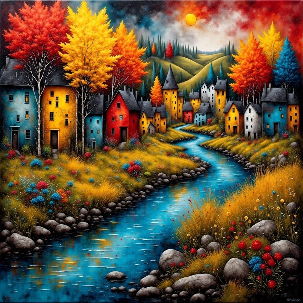 Vibrant Riverscape Village in Bold Pointillism Style