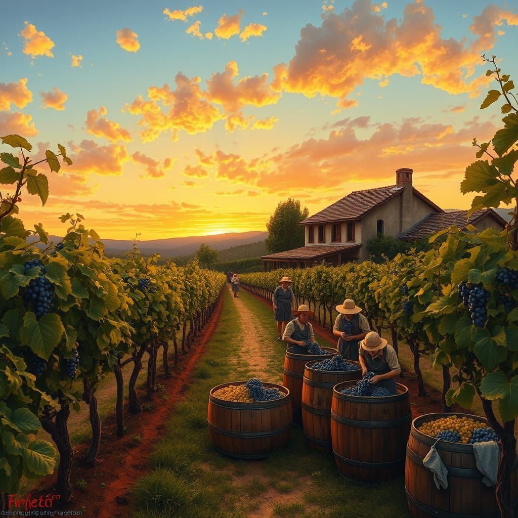 Lush Vineyard Scene at Dusk in Impressionist Style
