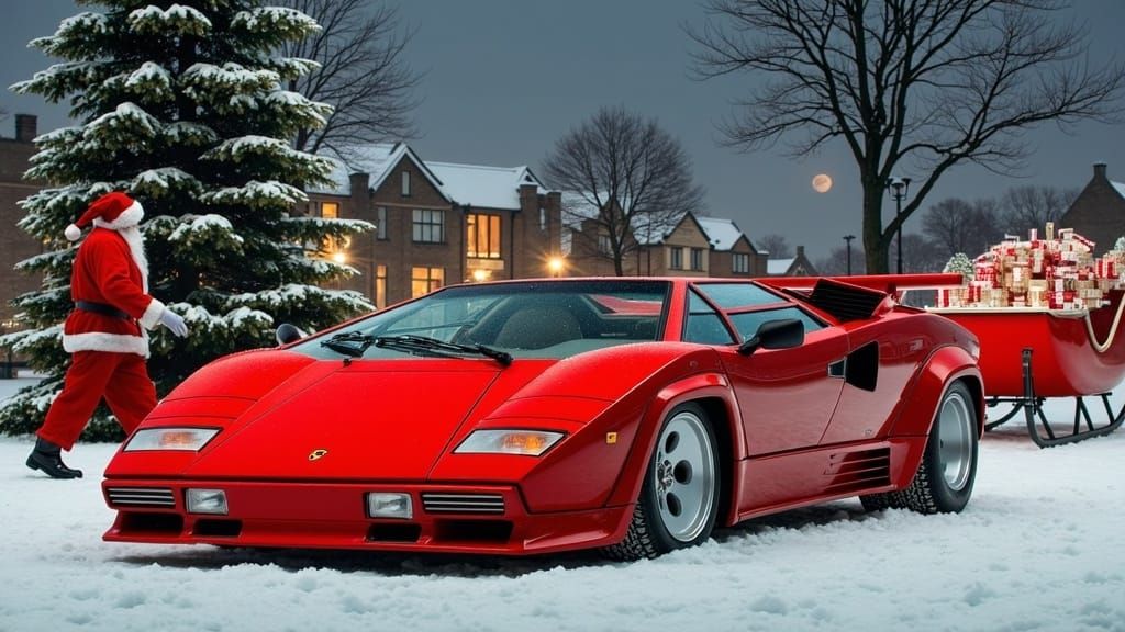 Futuristic Red Lamborghini Countach in Winter Wonderland