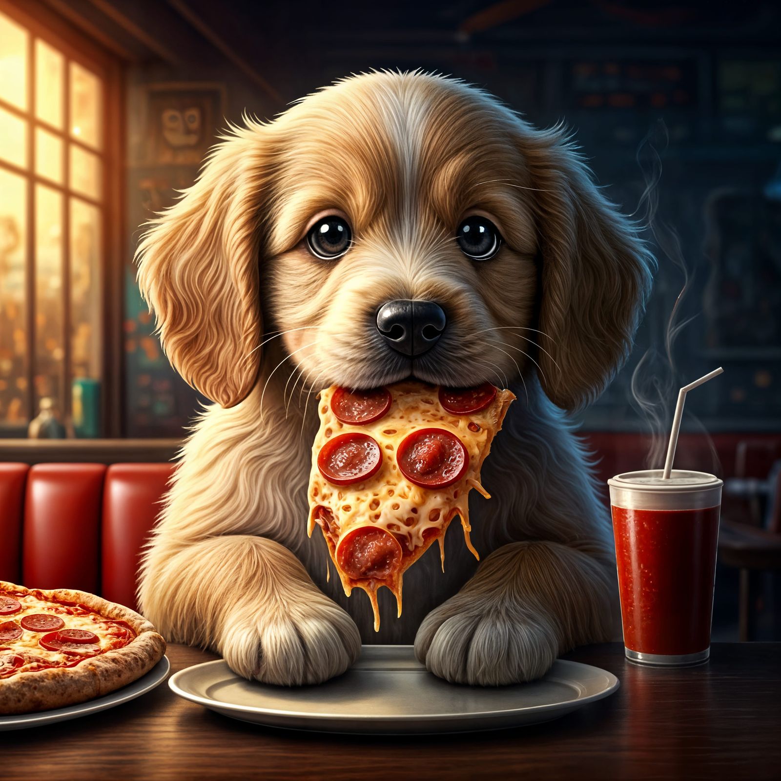 Happy Puppy Eating Pizza, Playful Illustration