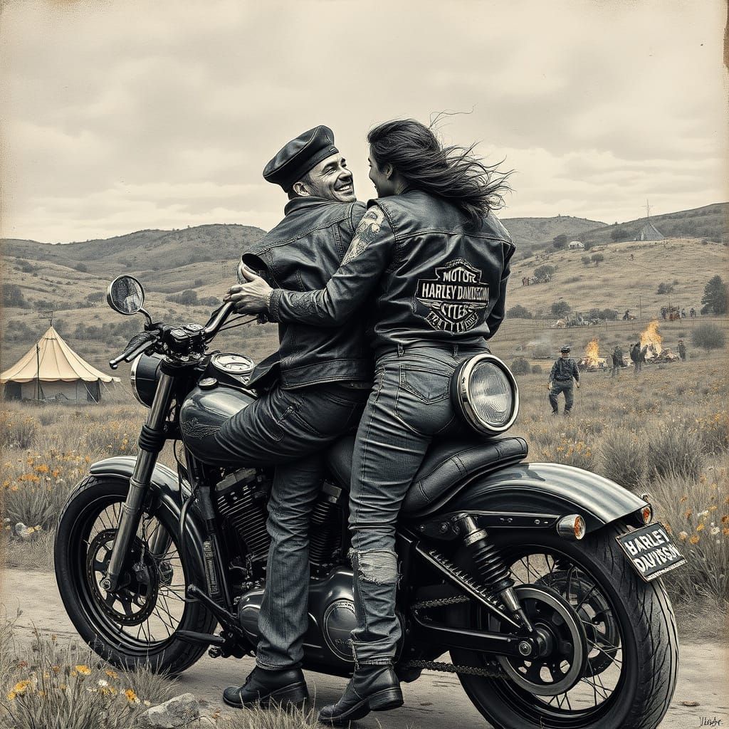 Rebellious Bikers Embrace in Texas Hill Country