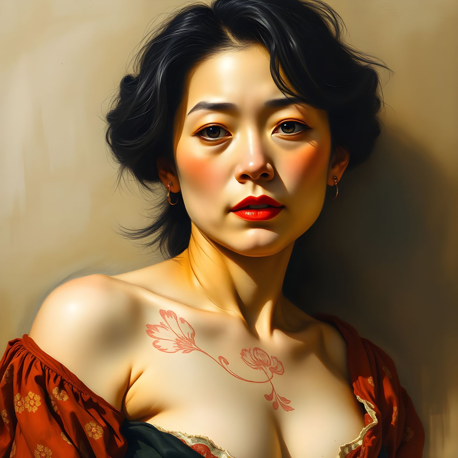 mature japanese  woman draw ,  saggy  torso by Leonardo Da Vinci