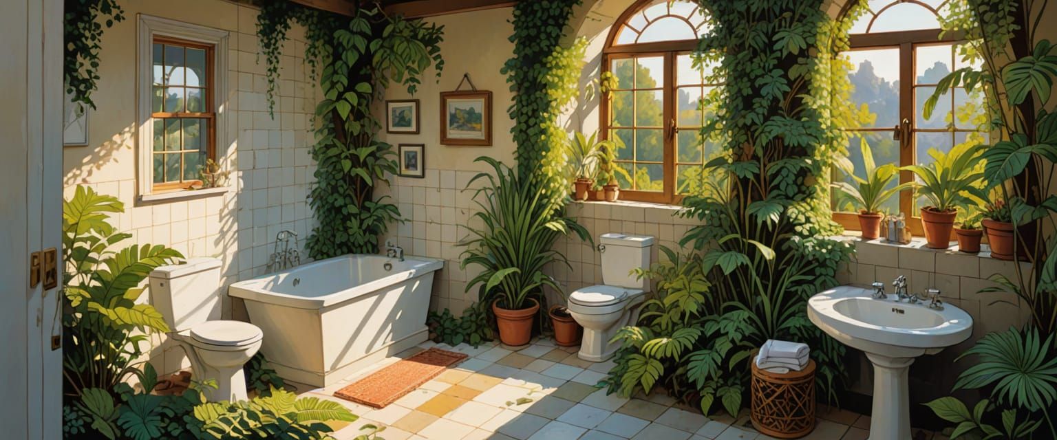 Outdoor Bathroom in Comic Book Style Watercolor