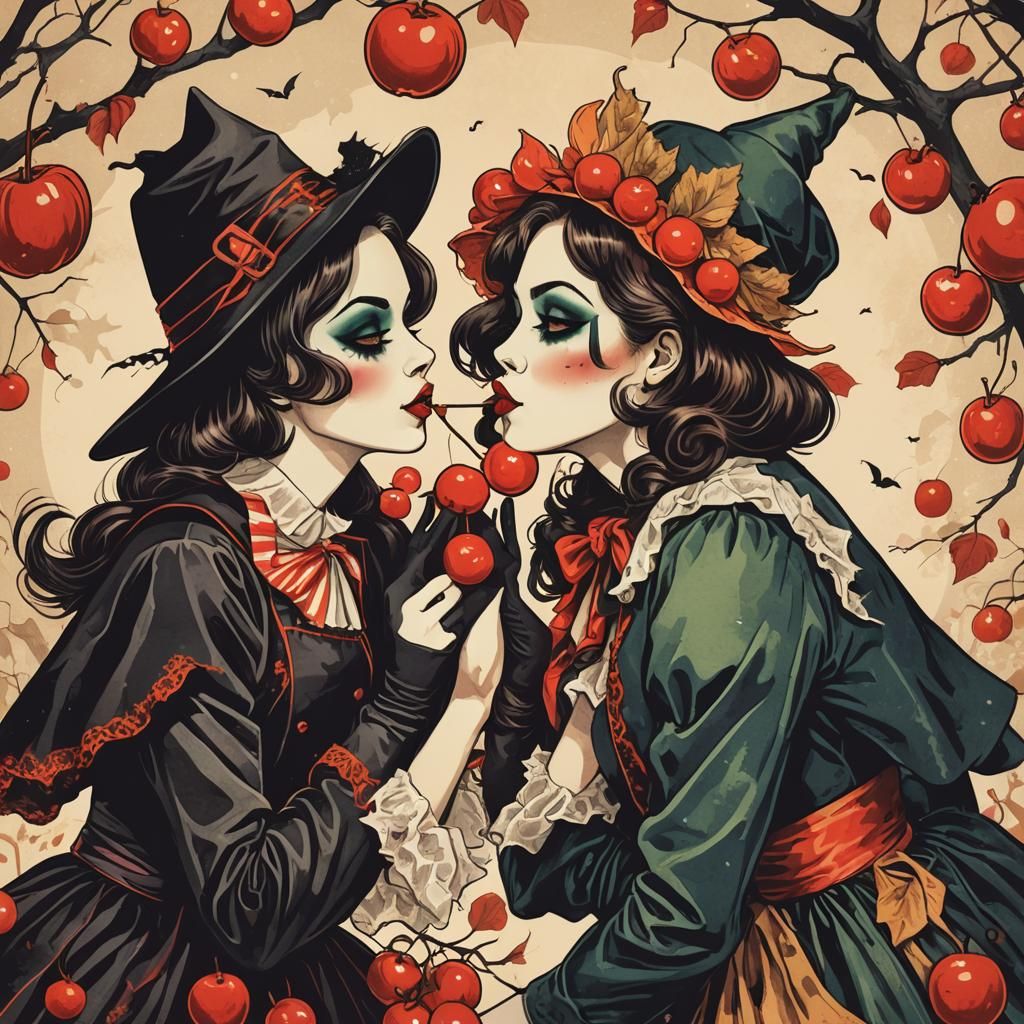 Retro Halloween: Girls in Costume Kissing