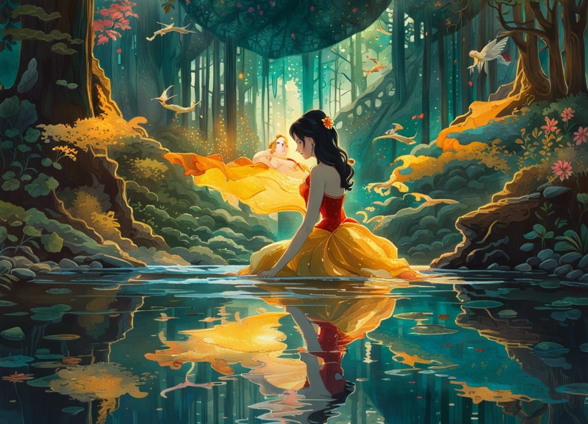 Disney Princess Reflection in Watercolor Style