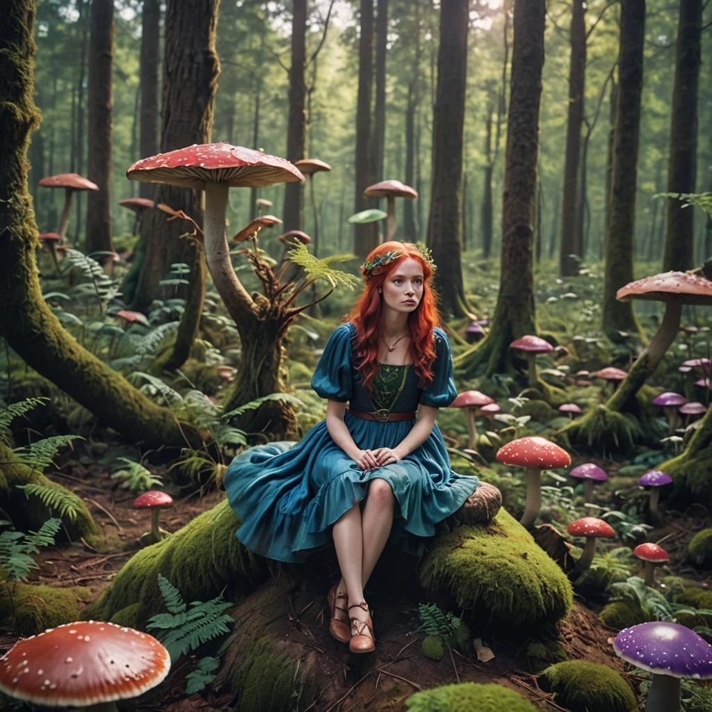 Fairy on Mushroom in Magical Forest