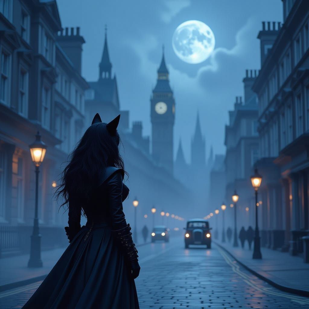 Werewolf Woman in Foggy London Streets Under Moonlight