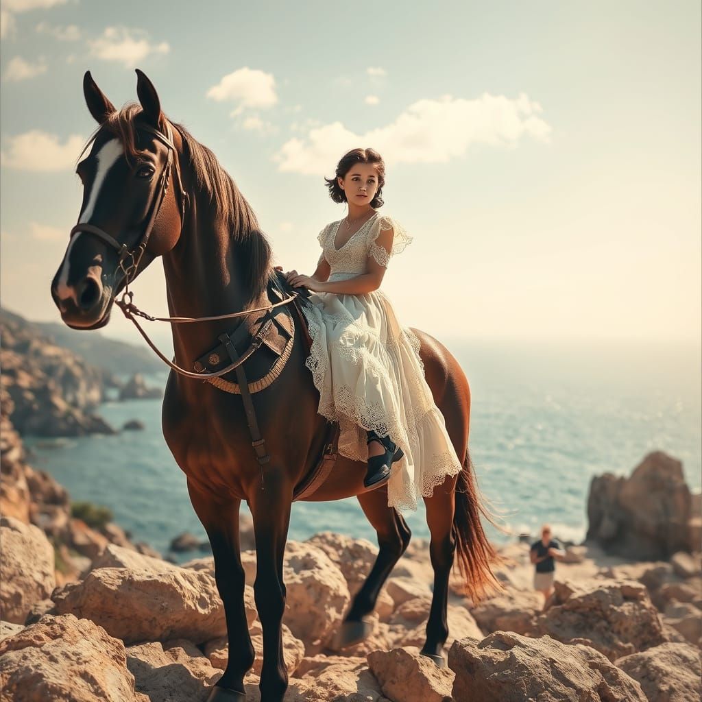 Elegant Girl on Horseback in Dreamy Summer Landscape