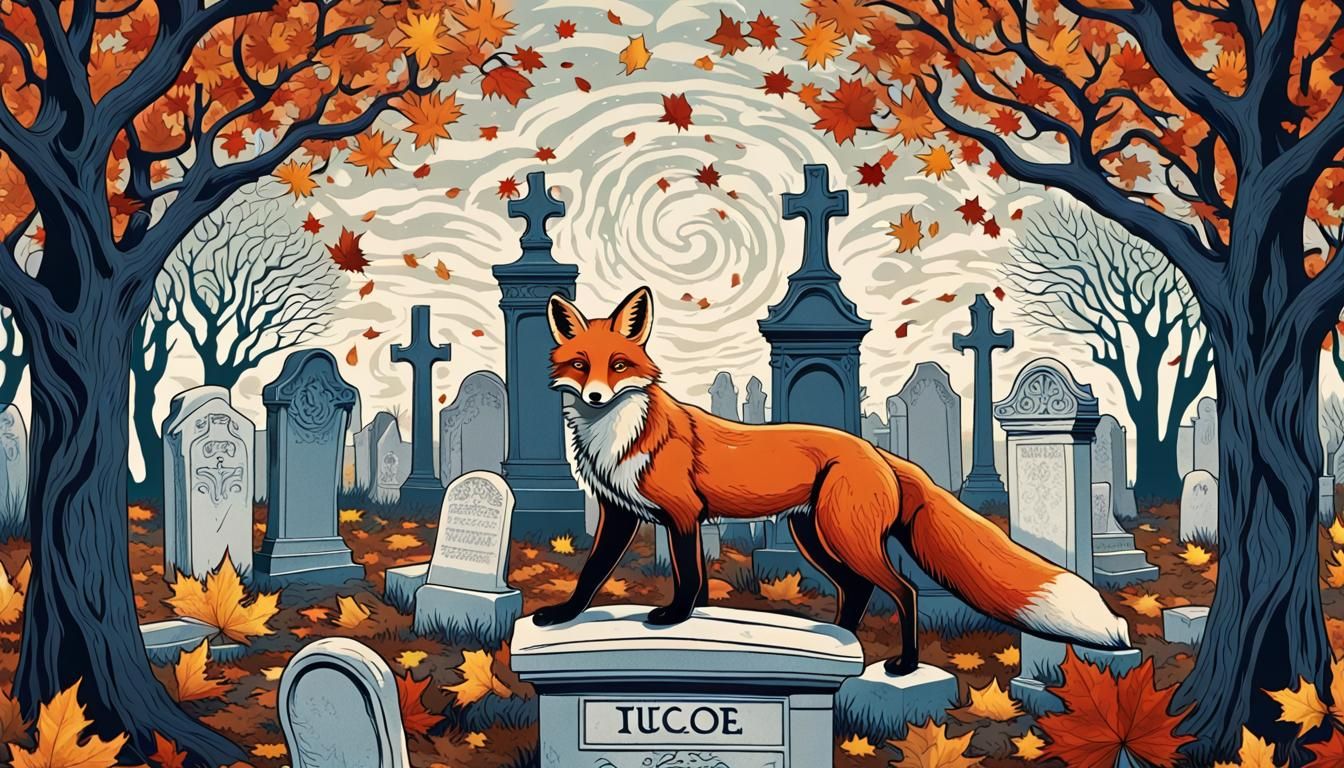 Fox in Cemetery: Surreal Art Nouveau Poster