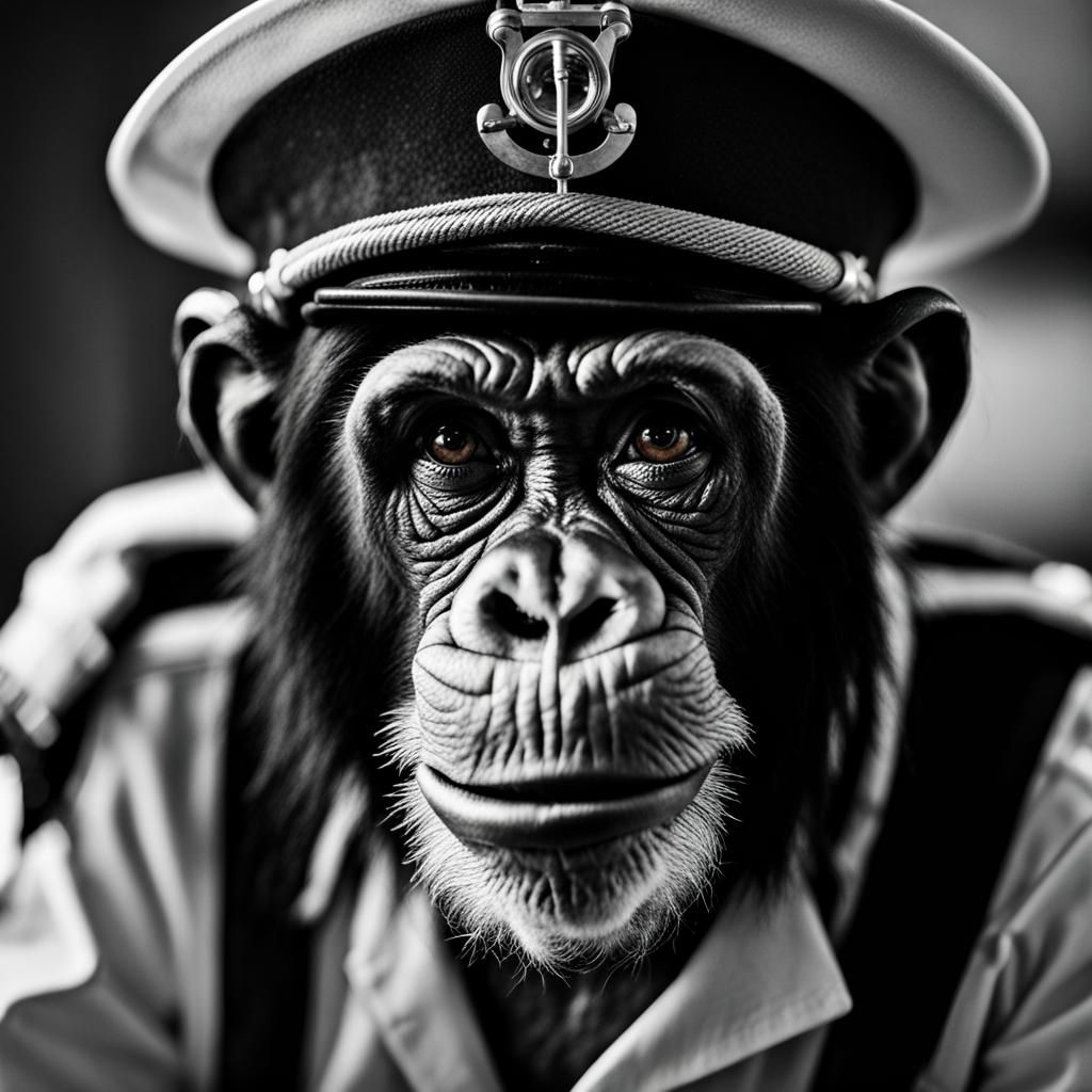Chimpanzee in Sailor Hat Portrait