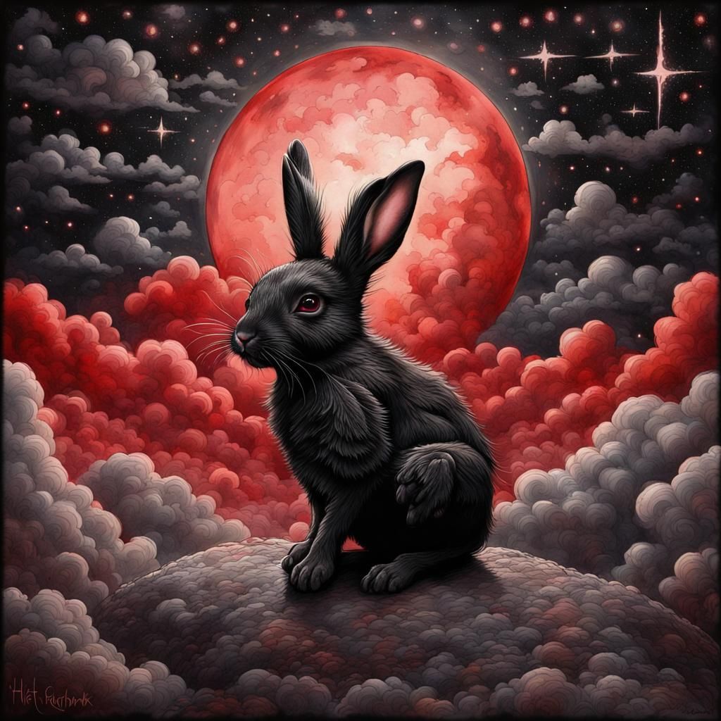 Black Rabbit Gazing at Red Clouds in Geiger Style