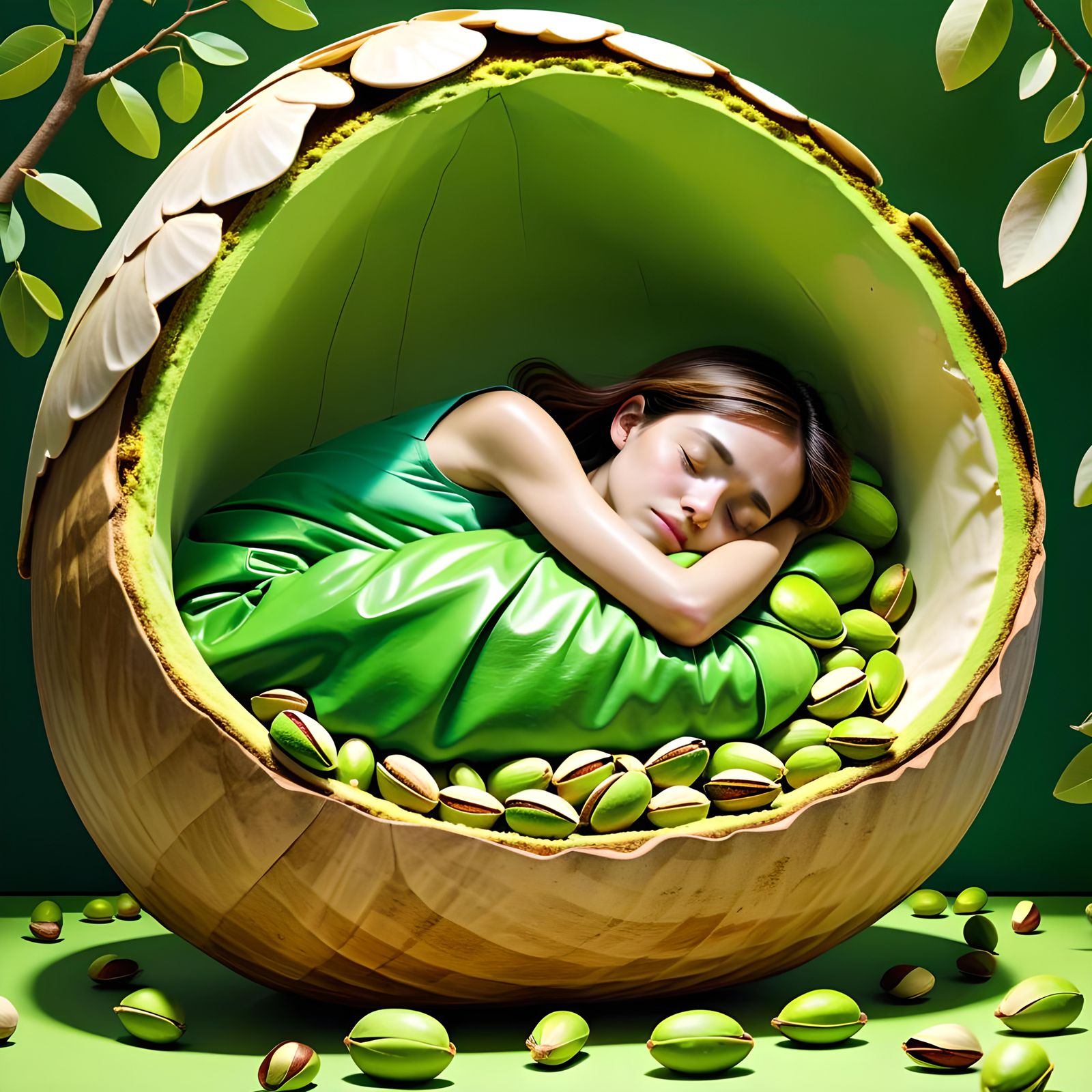 Woman Sleeping in a Pistachio Shell