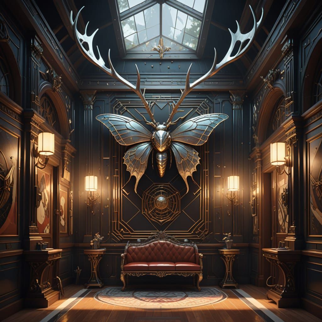 Neo-Cubist Hall with Lunar Antlers and Butterfly