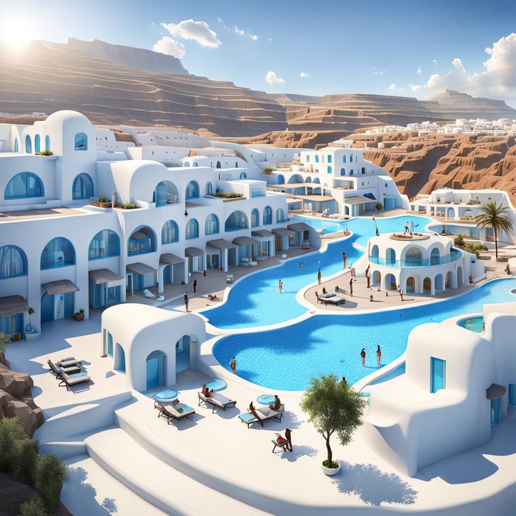 Hyperrealistic Santorini White Water Park Hotel