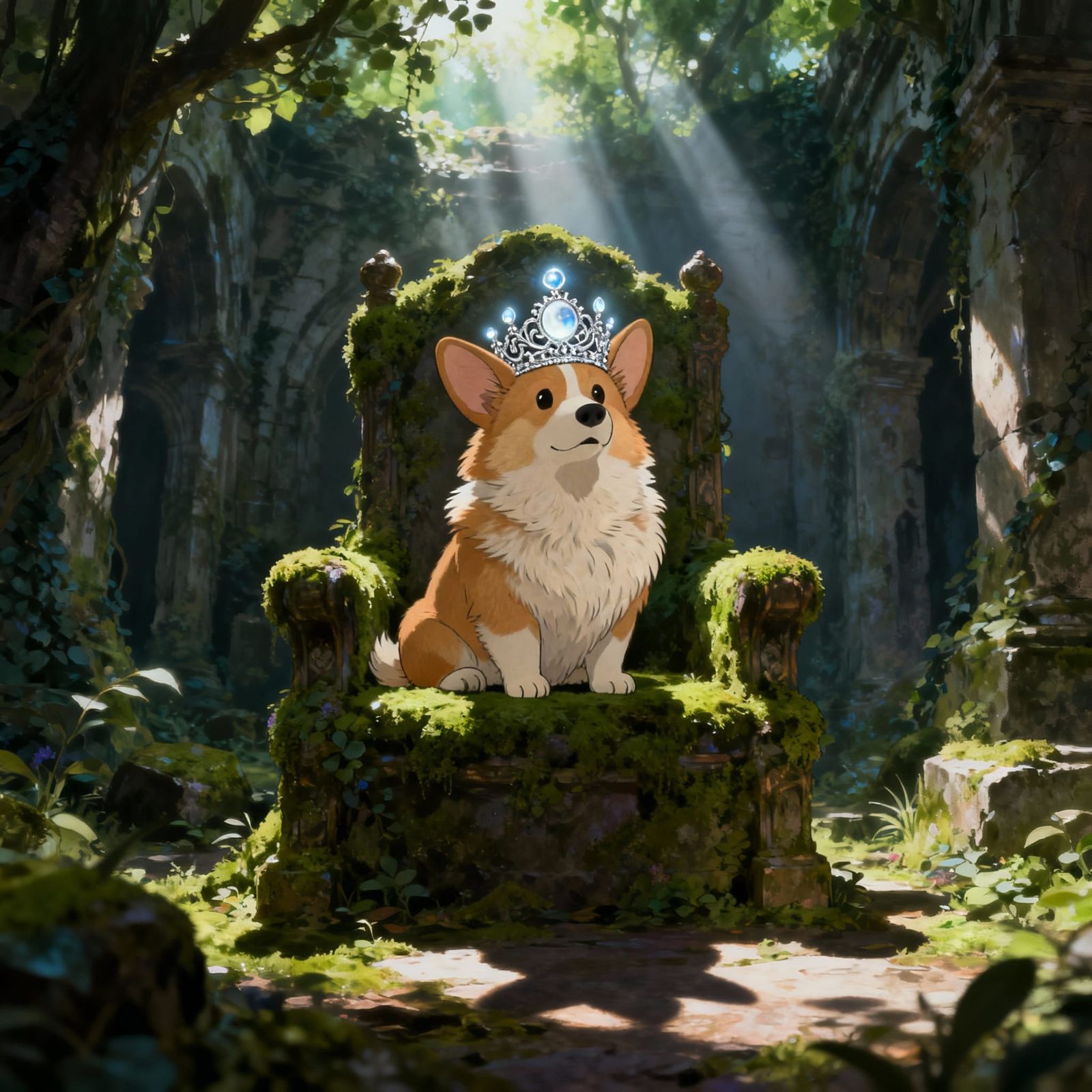 Fluffy Corgi King on Moss Throne in Ruin