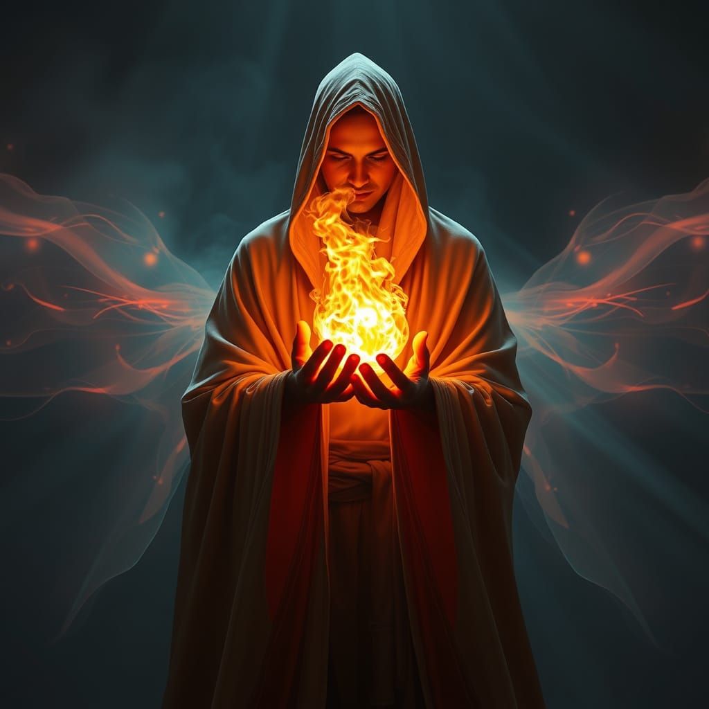 Mystical Figure Holding Fireball in Neon-Lit Style
