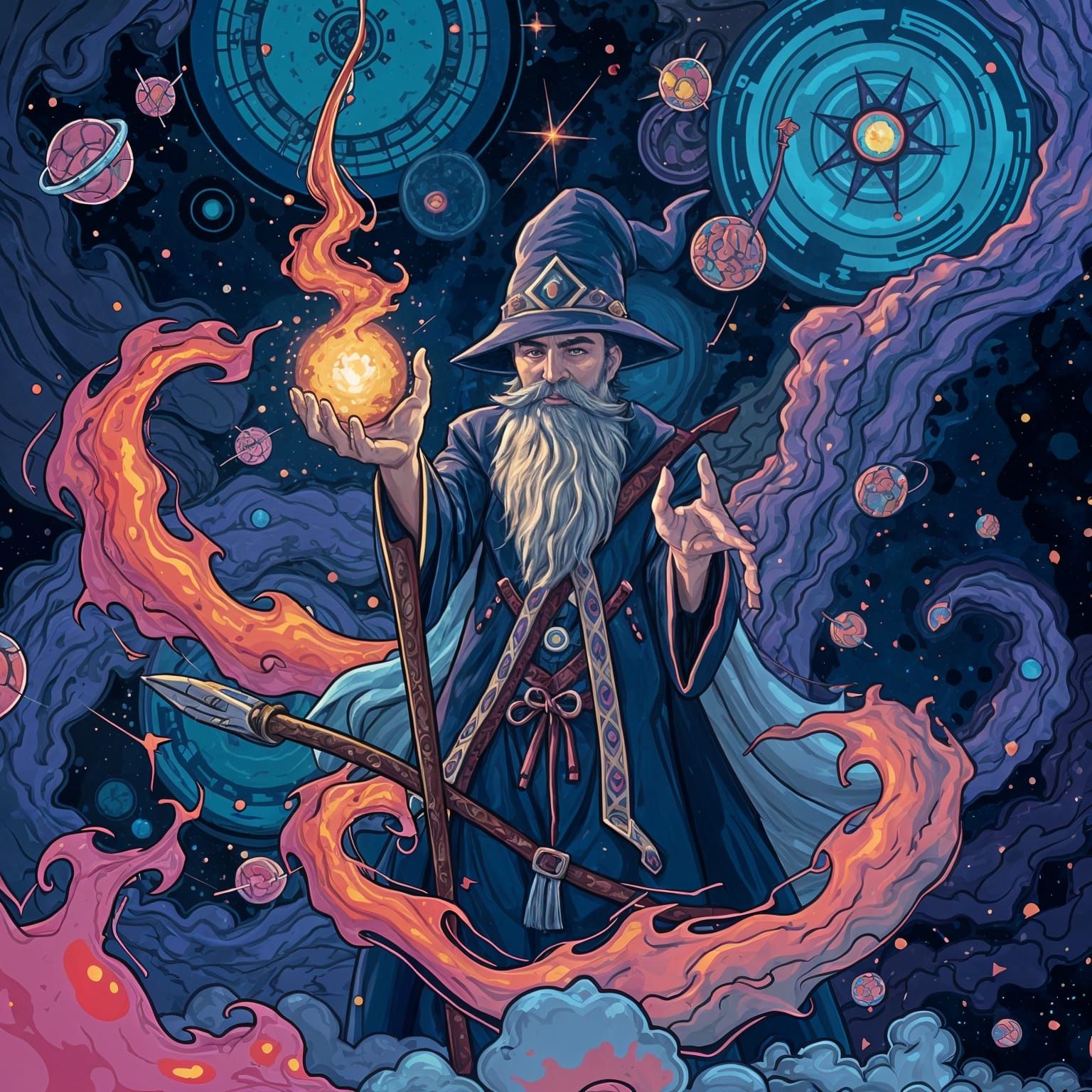 Cosmic Wizard in Vibrant 32-bit Pixel Art
