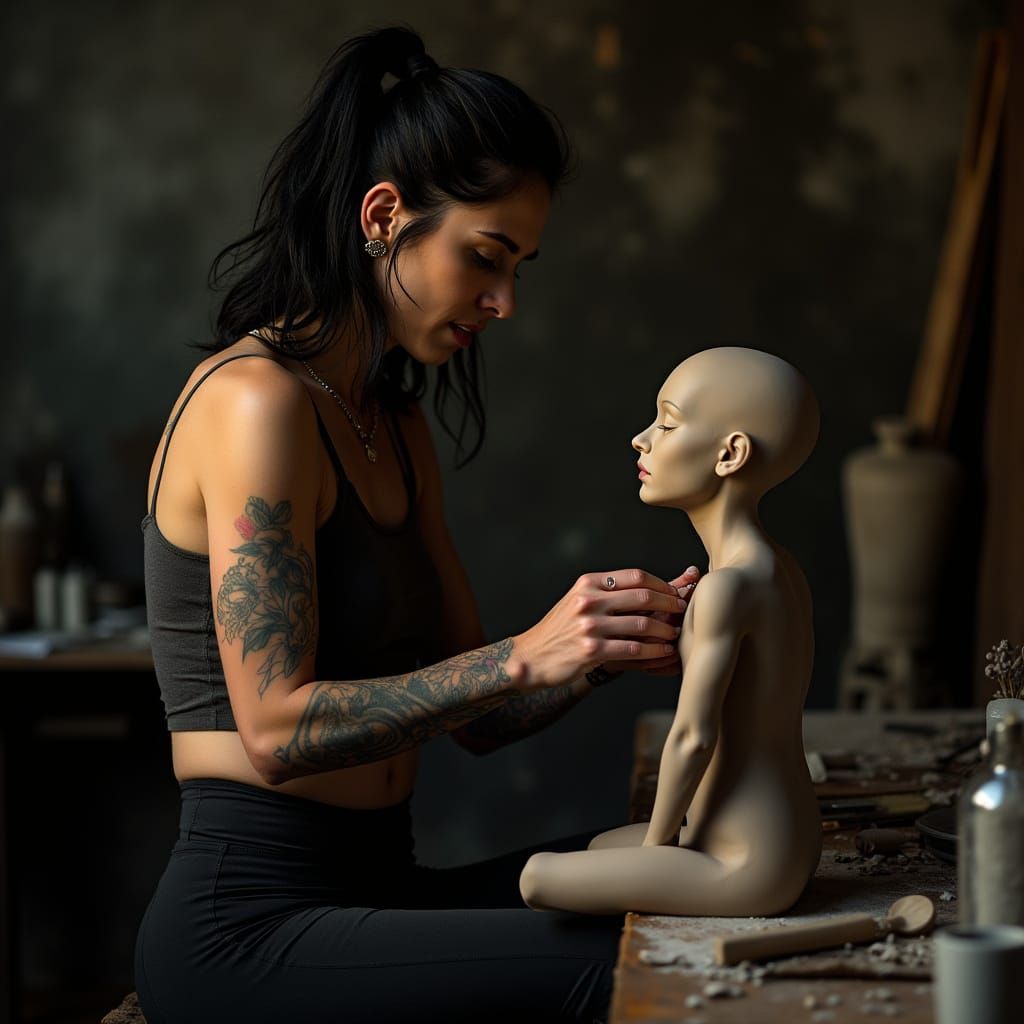Woman Sculpting Clay in Dimly Lit Studio