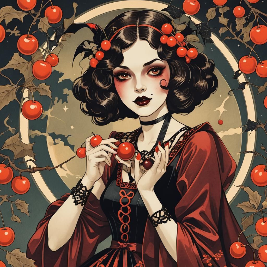 Art Deco Halloween Girl Eating a Cherry