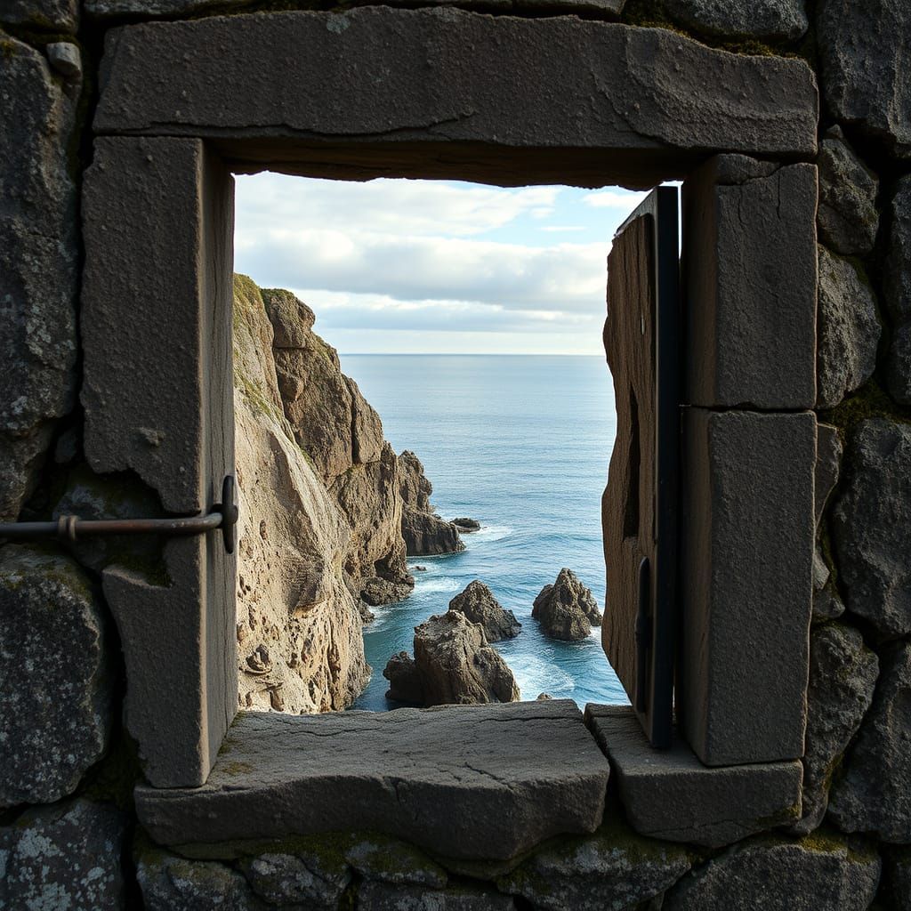 Weathered Stone Window Frame Reveals Seaside Seascape in Hyp...