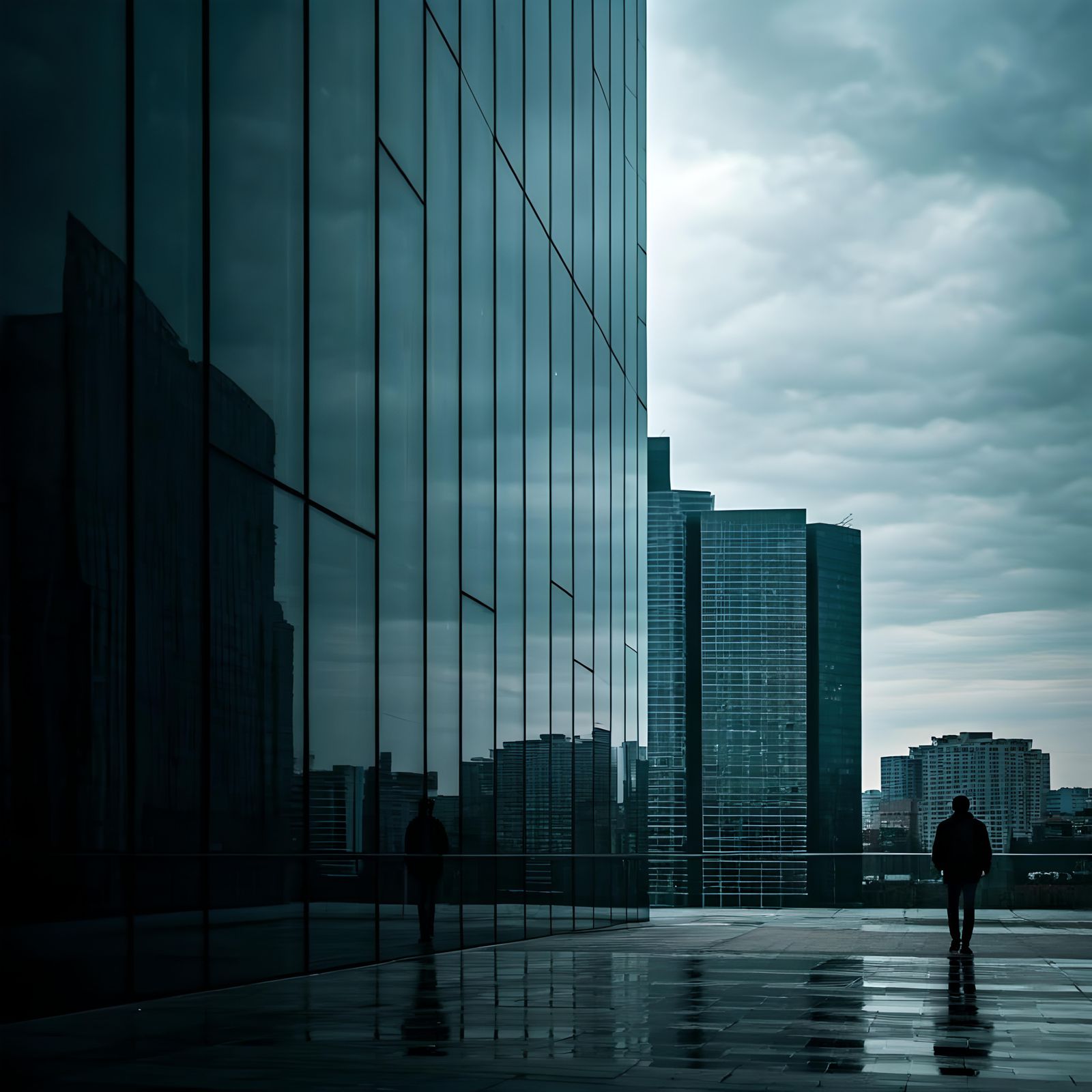 Modern Building Reflects Cityscape in Moody Urban Realism