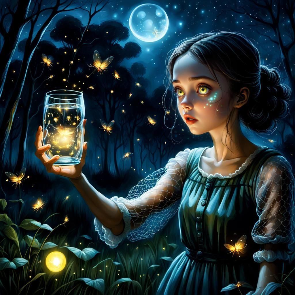 Girl Catching Fireflies in Tim Burton Style
