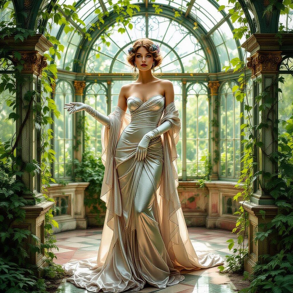 Woman in Decaying Greenhouse: Art Nouveau Style