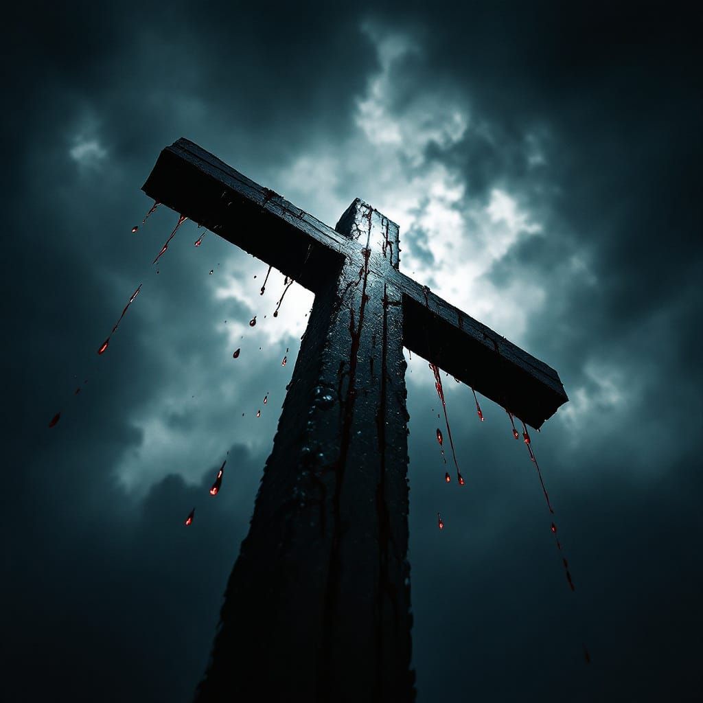 Blood Dripping Calvary Cross in Dramatic Storm Sky
