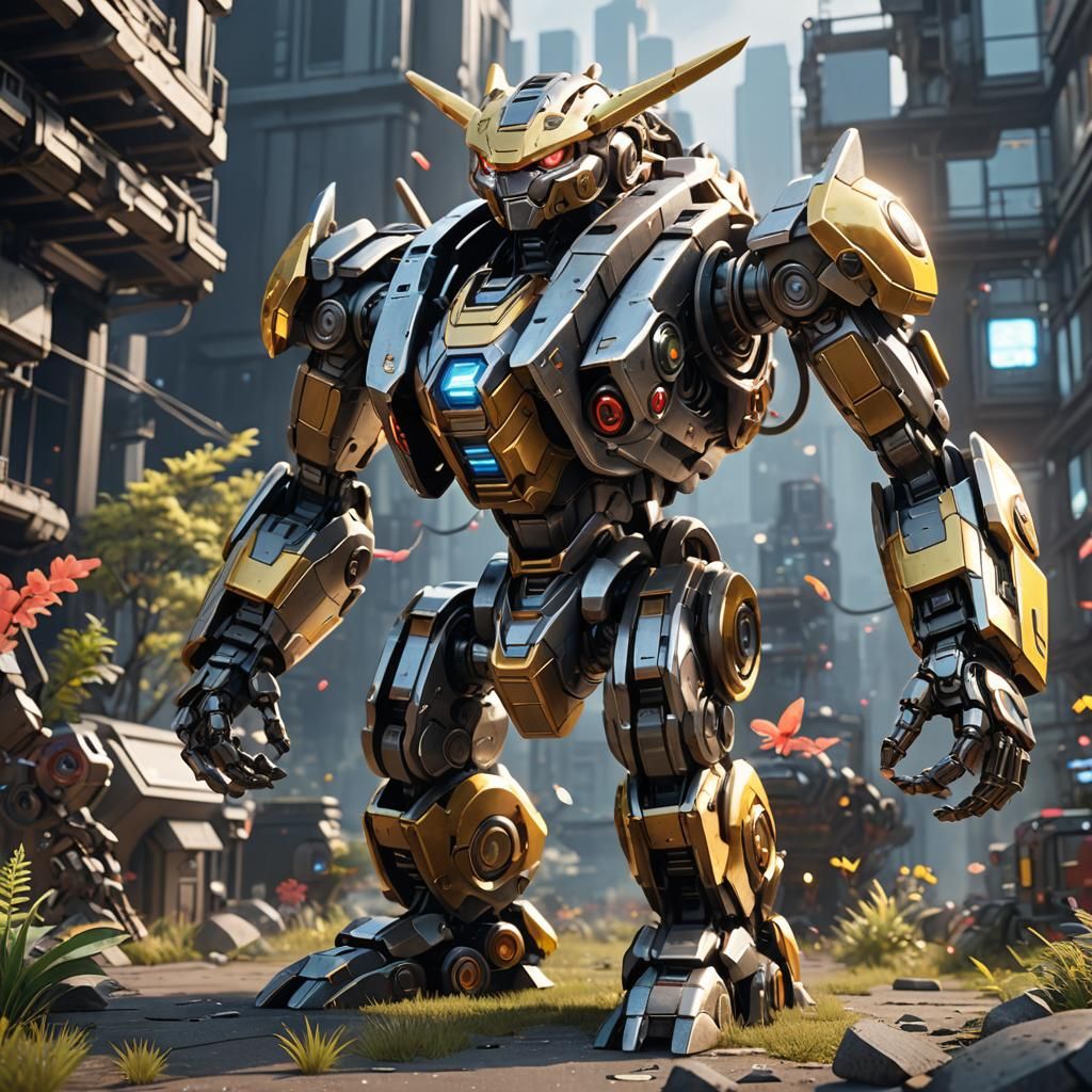 Futuristic Pikachu Robot in Sci-Fi Cityscape